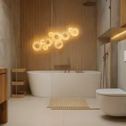 Nowoczesna łazienka w beżach: drewniana umywalka, wanna z oświetleniem punktowym i minimalistyczna toaleta. Elementy dekoracyjne z drewna dodają ciepła.