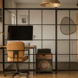 Nowoczesny gabinet z biurkiem, krzesłem z brązowej skóry i ścianką działową z czarnymi szprosami. Całość w ciepłej tonacji, oświetlona lampą z kloszem.