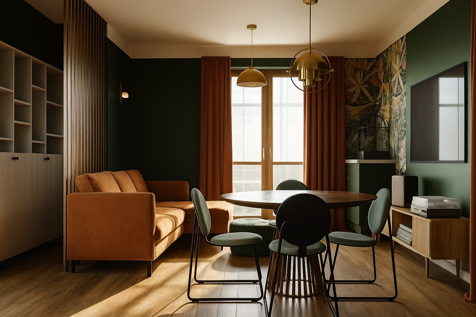 Stylowy salon z brązową sofą, okrągłym stołem i zielonymi krzesłami na drewnianej podłodze. Ściany w odcieniach zieleni i brązu, z wzorzystą tapetą w tle.