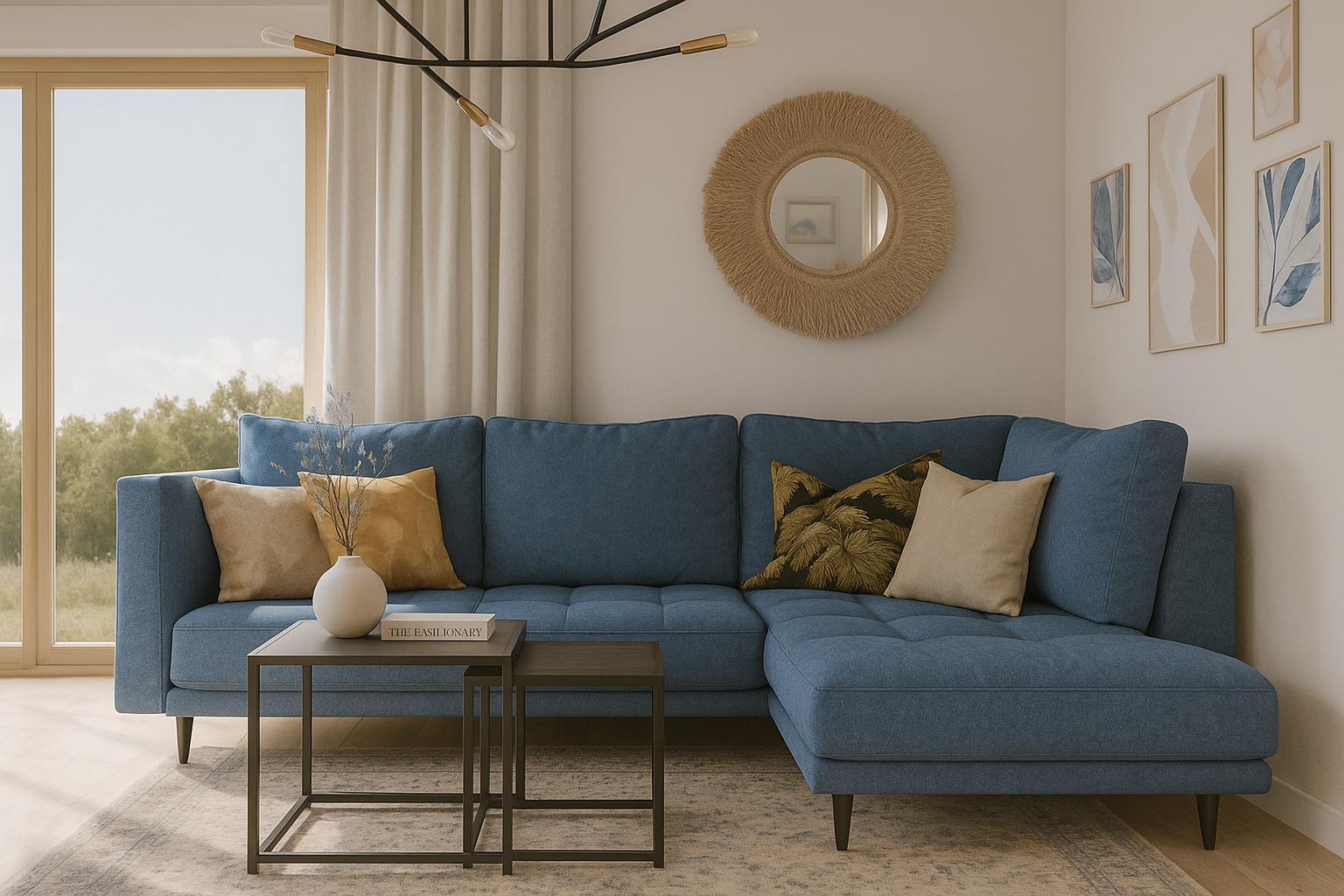 Narożnik w odcieniach błękitu z poduszkami i stolikami kawowymi na tle okna i dekoracji ściennych. Nowoczesne wnętrze z okrągłym lustrem i abstrakcyjnymi grafikami.