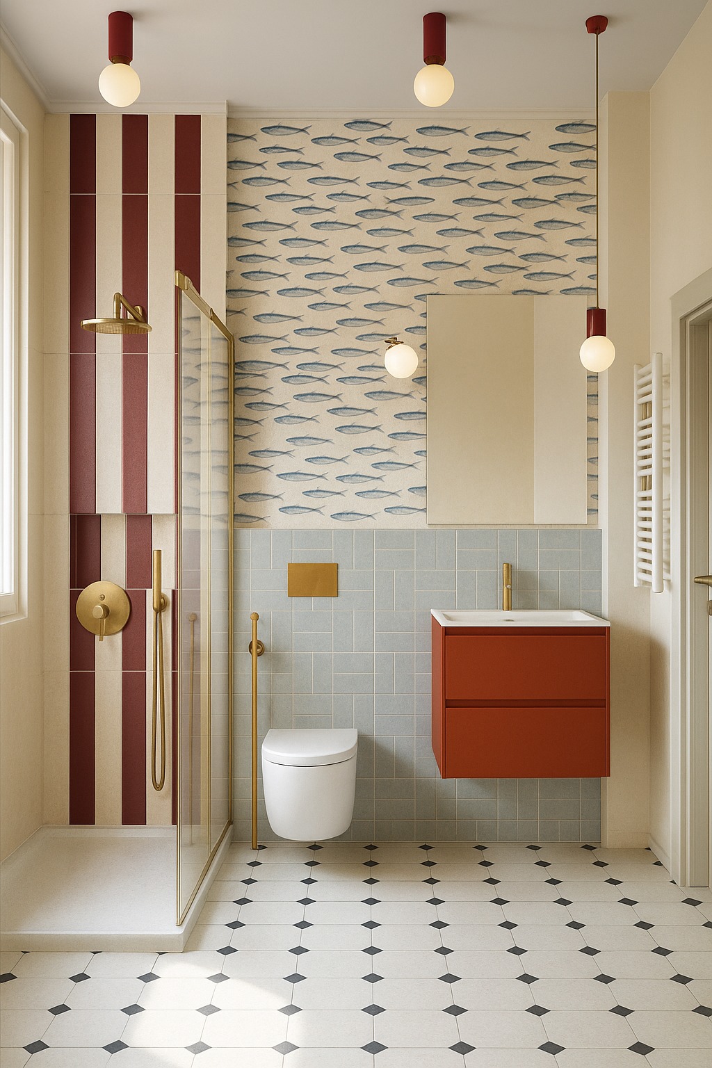 Nowoczesna łazienka z kabiną prysznicową ze złotymi detalami, umywalką w kolorze terakoty i tapetą w ryby. Nietypowe oświetlenie i wzorzysta podłoga.