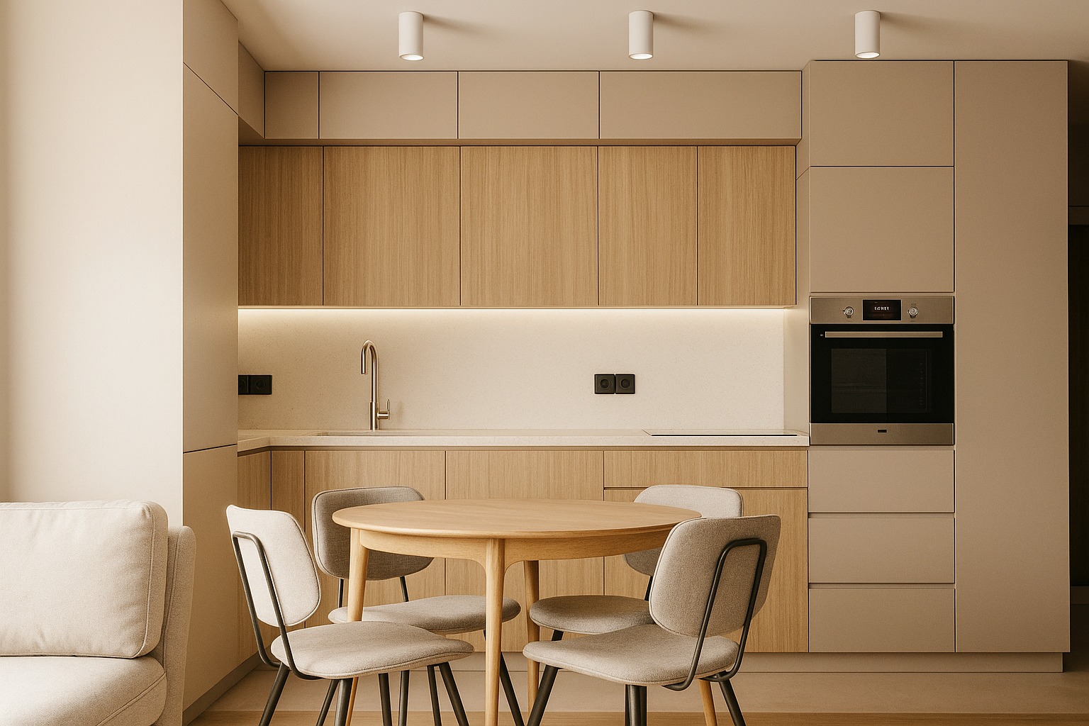 Jasna, minimalistyczna kuchnia z drewnianymi frontami i okrągłym stołem z krzesłami. Subtelne oświetlenie LED pod szafkami. Nowoczesny design.