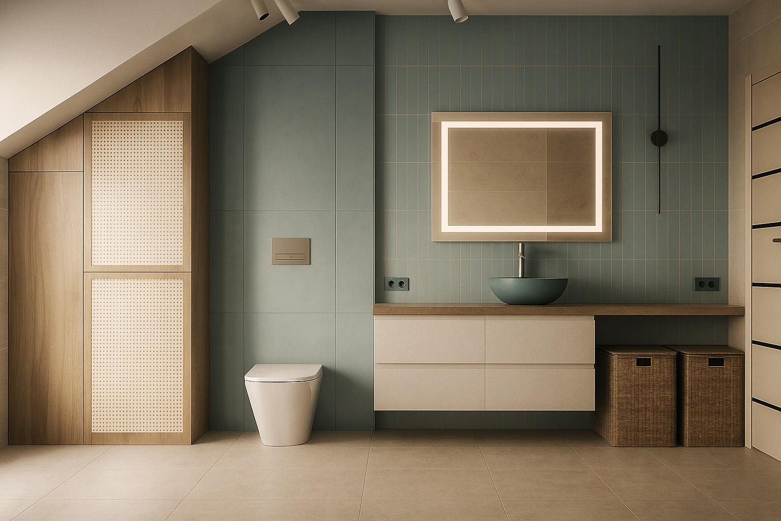 Stylowa łazienka na poddaszu z turkusowymi płytkami, podświetlanym lustrem i drewnianymi akcentami,  w tym zabudowa z rattanowymi wstawkami.