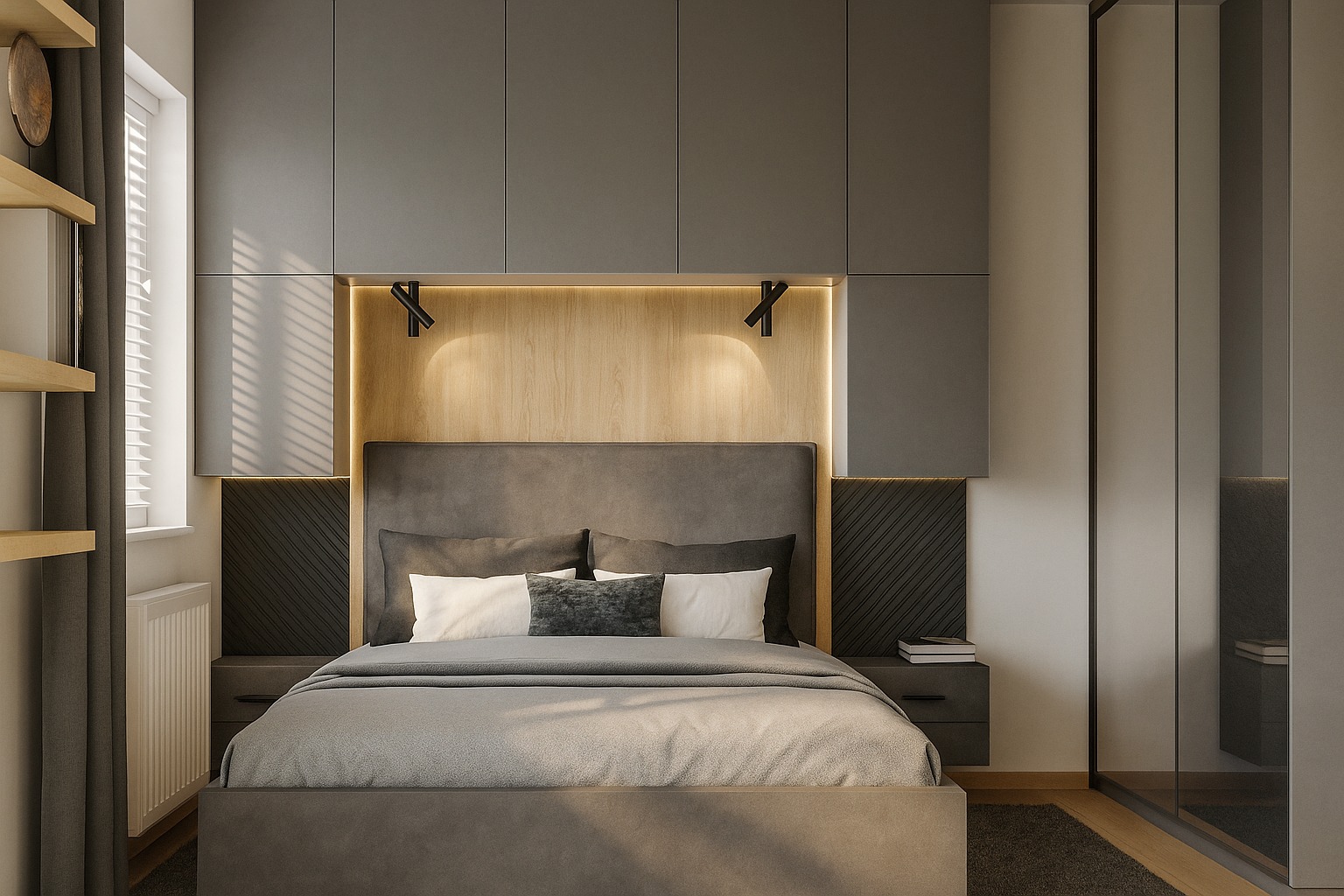 Minimalistyczna sypialnia: szare meble, drewniane panele z oświetleniem, łóżko z szarą pościelą i szafki nocne. Nowoczesny design wnętrza.