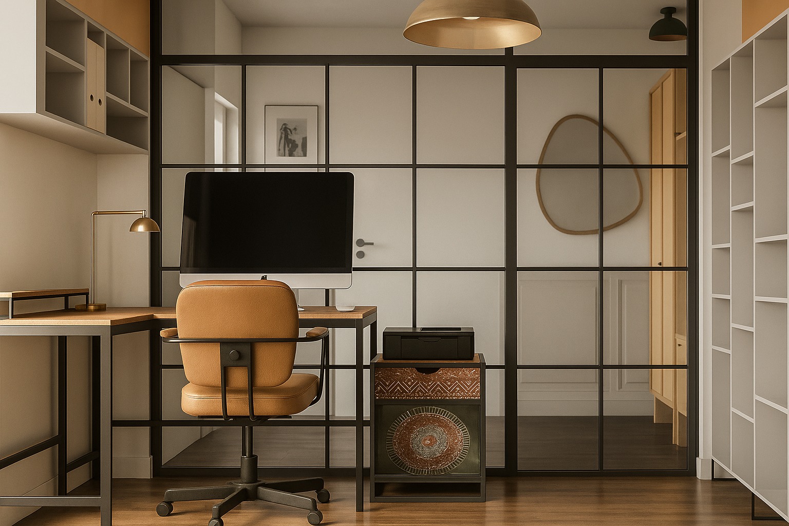 Nowoczesny gabinet z biurkiem, krzesłem z brązowej skóry i ścianką działową z czarnymi szprosami. Całość w ciepłej tonacji, oświetlona lampą z kloszem.