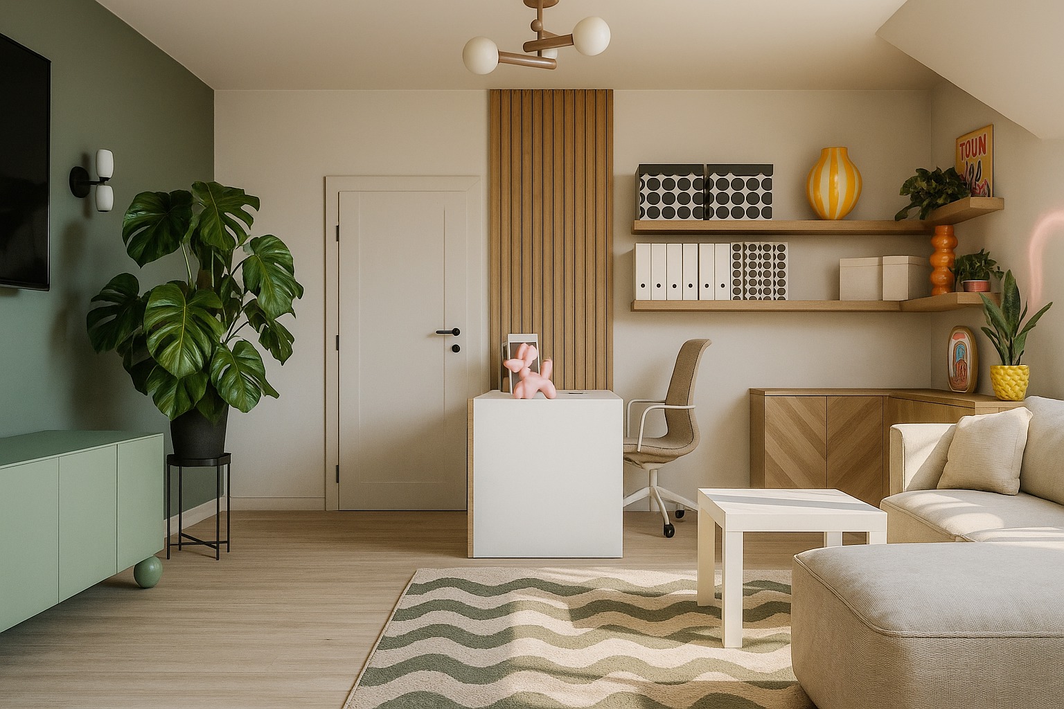 Jasne biuro w domu z zielonymi akcentami: ściana, szafka RTV, dywan w zygzaki. Minimalistyczne biurko, drewniane lamele i półki z dekoracjami.