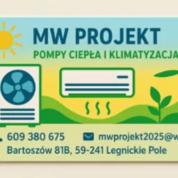 Grafika reklamowa MW Projekt: pompy ciepła i klimatyzacja. Stylizowany rysunek z pompą ciepła, klimatyzatorem i wiatrakiem. Kontakt: 609380675, mwprojekt2025@wp.pl, Bartoszów 81B.