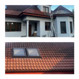 Dwuczęściowe ujęcie: dom z drabiną i fragment dachu z oknami. Widoczne zabrudzenia sugerują potrzebę czyszczenia.