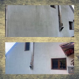 Miko_Mar - Zdjęcie elewacji budynku przed i po czyszczeniu, widoczna różnica w kolorze i czystości. Fragment komina ze stali nierdzewnej.