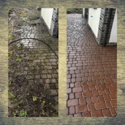 Kostka brukowa przed i po czyszczeniu: lewa strona brudna, porośnięta mchem, prawa strona czysta, z intensywnym czerwono-brązowym kolorem. Widoczny wąż do mycia.