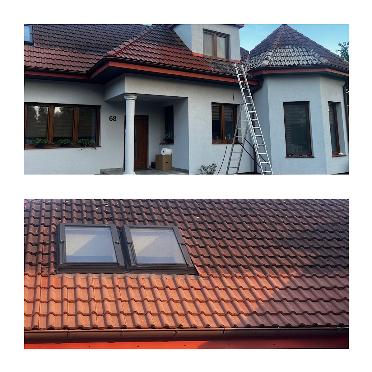 Dwuczęściowe ujęcie: dom z drabiną i fragment dachu z oknami. Widoczne zabrudzenia sugerują potrzebę czyszczenia.