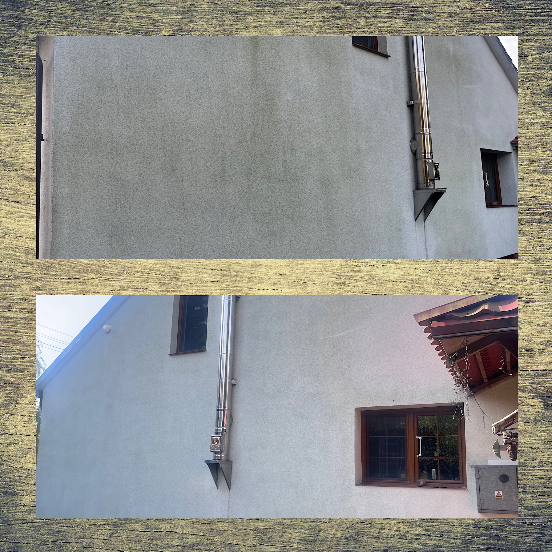 Zdjęcie elewacji budynku przed i po czyszczeniu, widoczna różnica w kolorze i czystości. Fragment komina ze stali nierdzewnej.