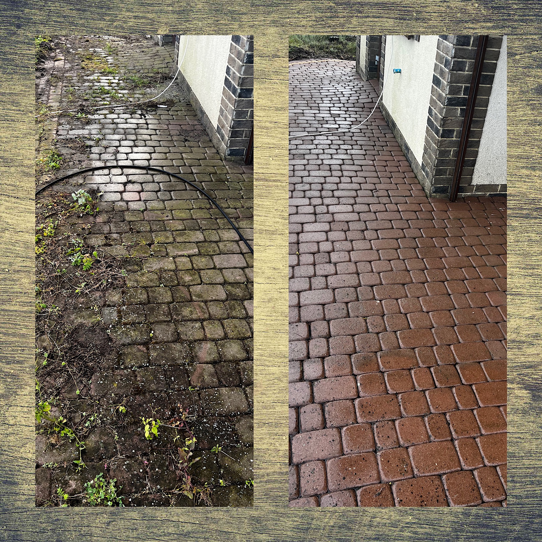 Kostka brukowa przed i po czyszczeniu: lewa strona brudna, porośnięta mchem, prawa strona czysta, z intensywnym czerwono-brązowym kolorem. Widoczny wąż do mycia.