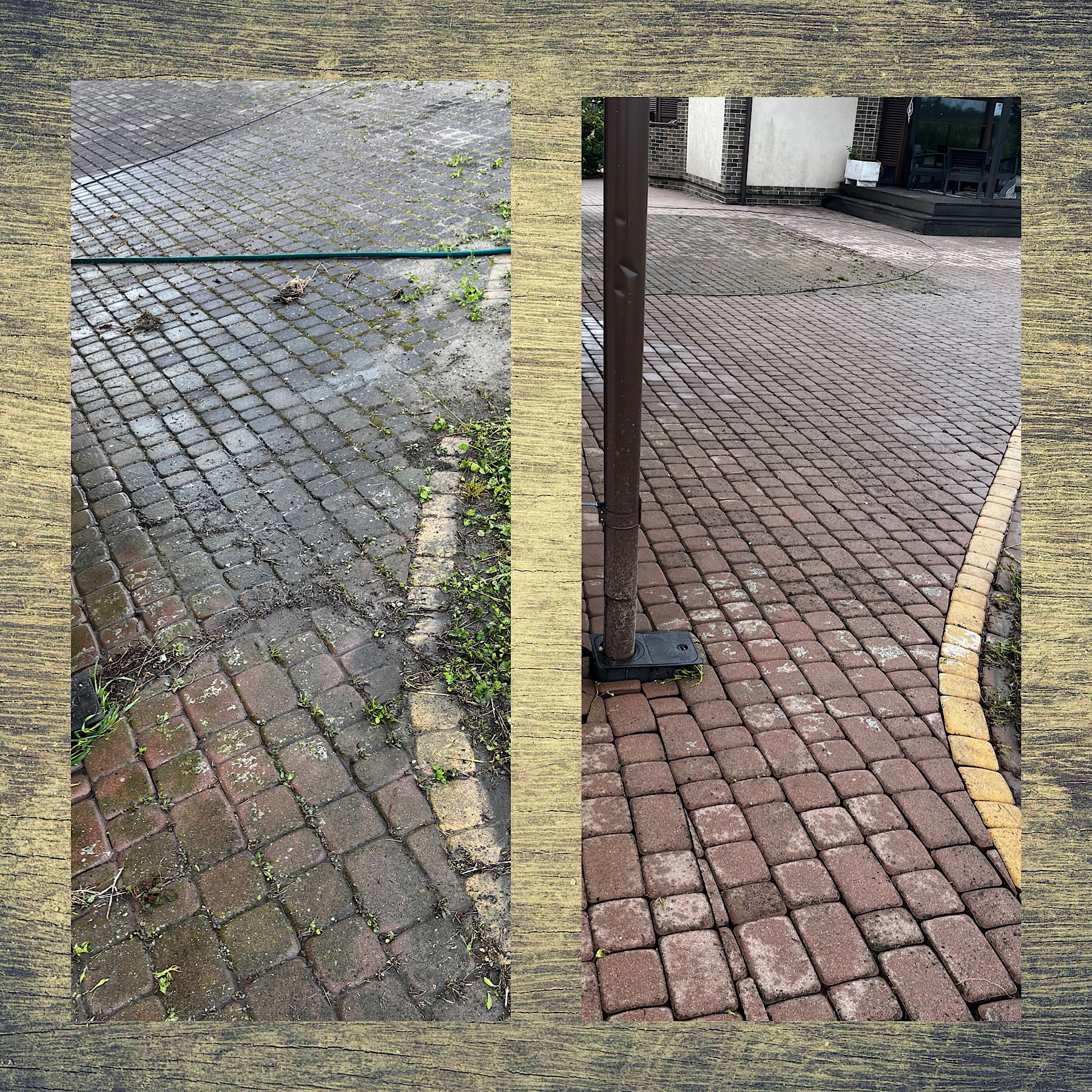 Kostka brukowa: widok przed i po czyszczeniu. Po lewej brudna, porośnięta mchem, po prawej czysta, czerwona kostka z widoczną strukturą. W tle fragment domu i brązowy słupek.