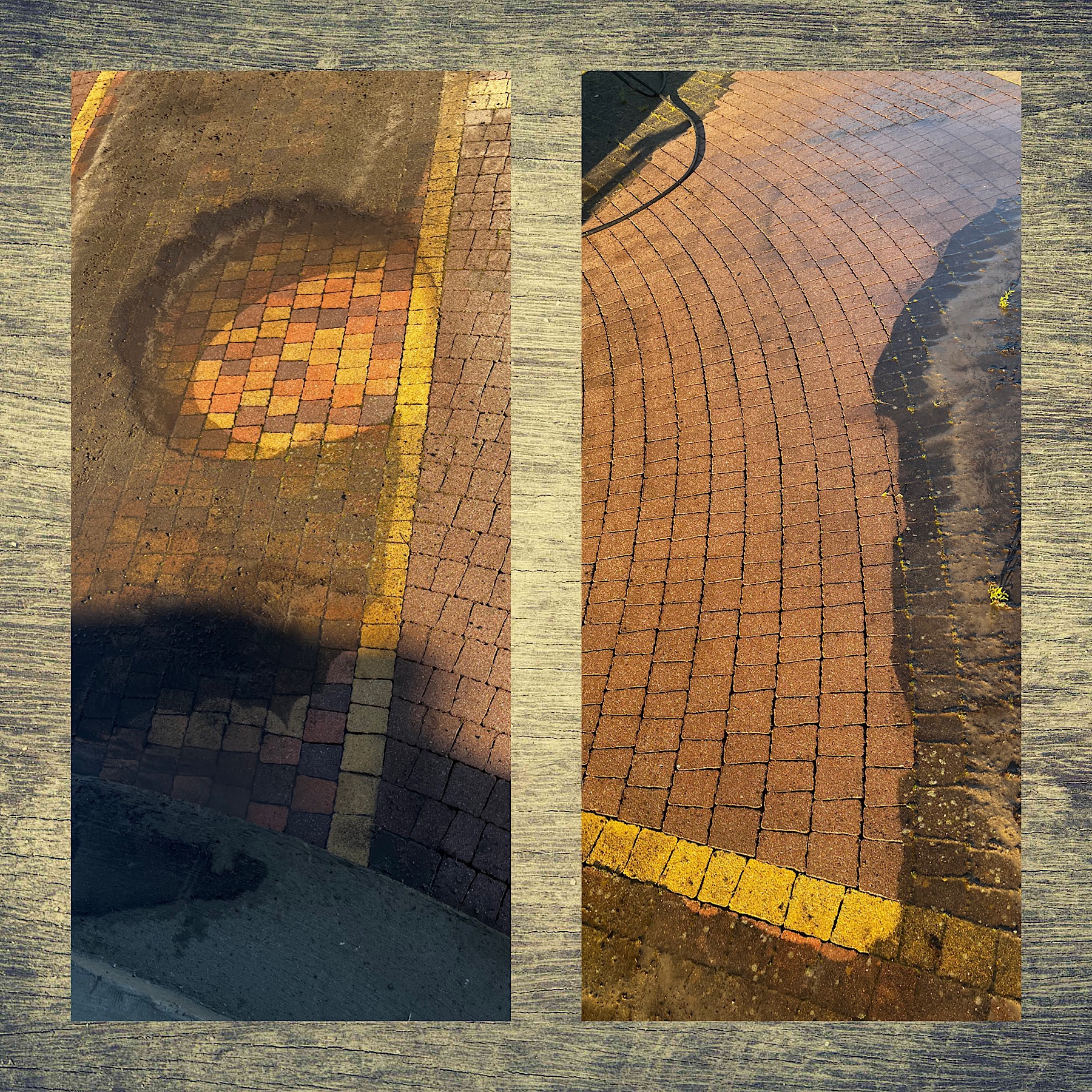 Porównanie kostki brukowej przed i po czyszczeniu. Po lewej kostka brudna, po prawej czysta, mokra. Żółty pas oddziela obie powierzchnie. Widoczne odbicia i cień węża.