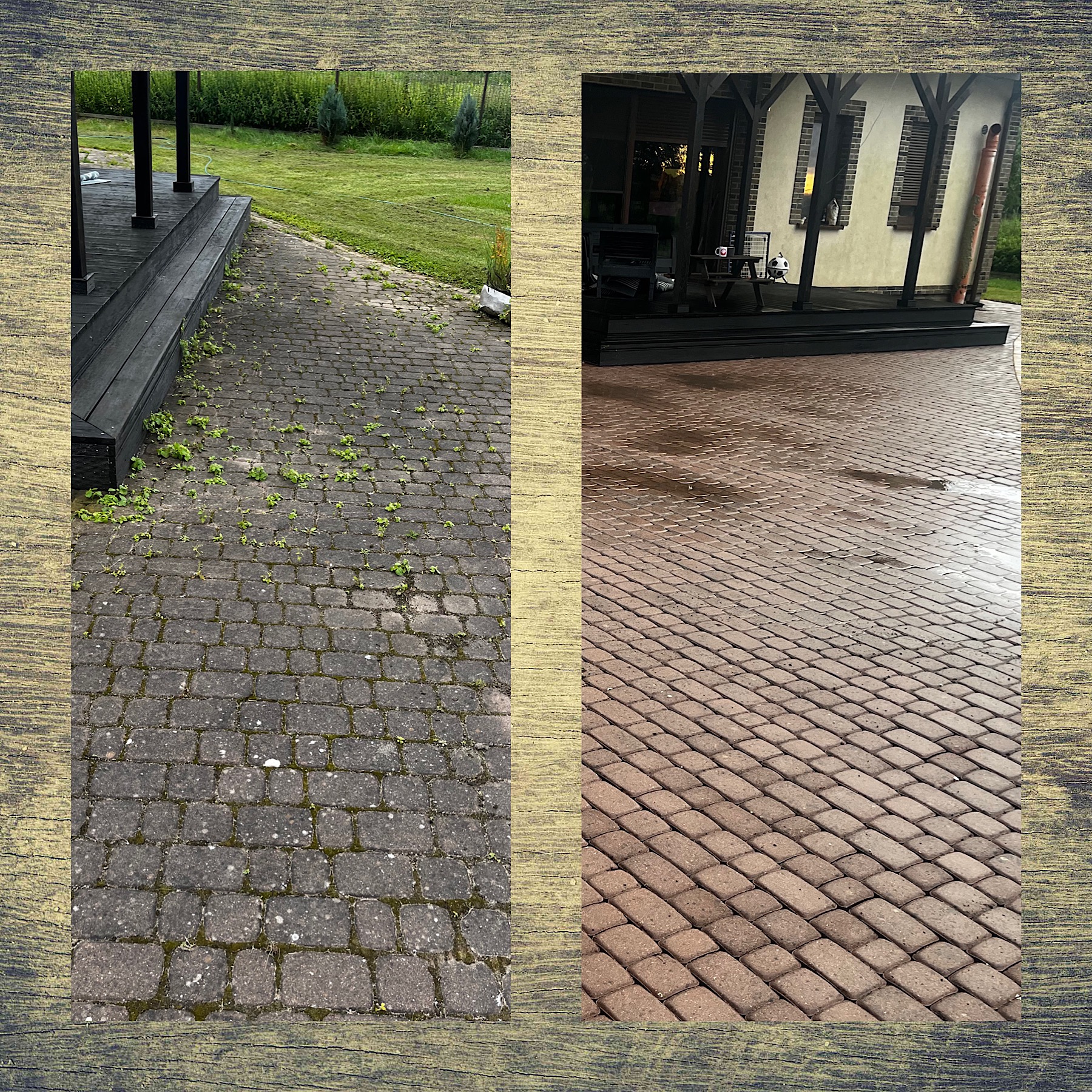 Kostka brukowa przed i po czyszczeniu: zarośnięta chwastami i czysta, mokra, z odzyskanym kolorem. Widoczny fragment domu z tarasem.