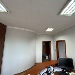 Damseb - Jasne biuro po malowaniu: szare ściany, drewniana zabudowa, widoczne drzwi i oświetlenie sufitowe. Minimalistyczny design z elementami wyposażenia biurowego.