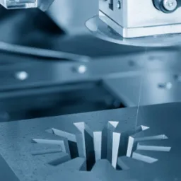 Precyzyjna obróbka elektroerozyjna CNC: Detal z wyciętymi rowkami w kształcie gwiazdy, obrabiany drutem. Chłodzenie cieczą, metal w odcieniach niebieskiego.