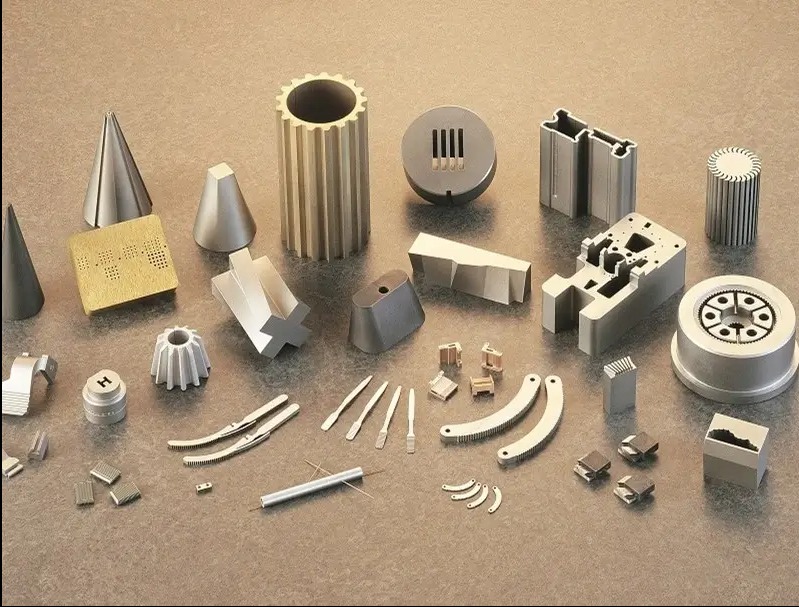 Różnorodne, precyzyjnie wykonane metalowe elementy na neutralnym tle, prezentujące możliwości obróbki skrawaniem z dbałością o detale i różnorodność kształtów.