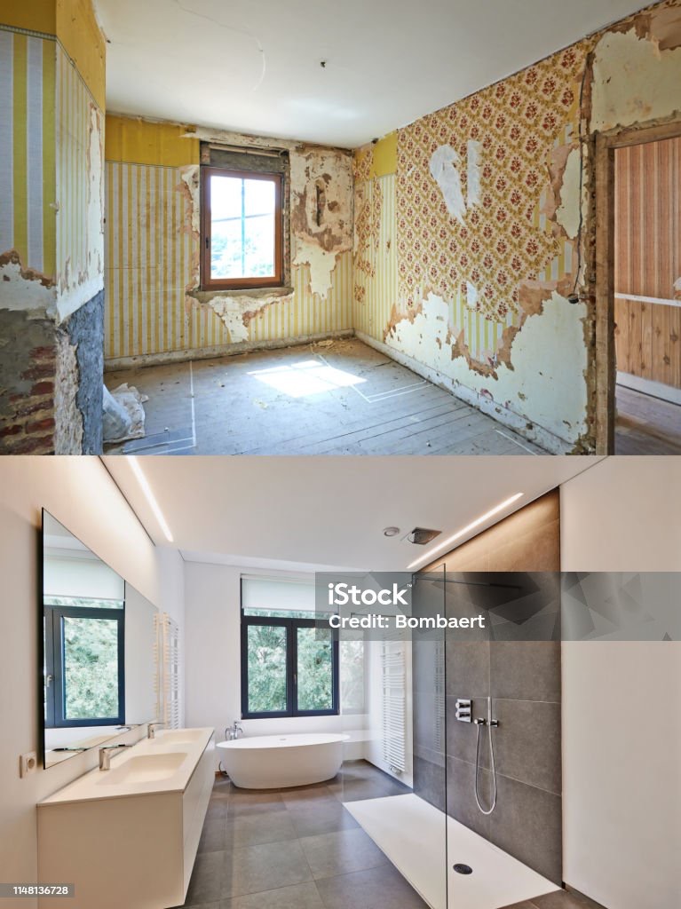 Zdjęcie 'przed i po' przedstawia remont łazienki: zniszczone ściany z tapetą w górnej części i nowoczesna łazienka z wanną wolnostojącą, kabiną prysznicową i dużym oknem.