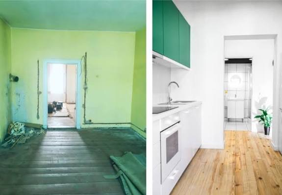 Kuchenne metamorfozy: Widok przed remontem z surowymi ścianami i po remoncie z nowoczesną zabudową, zielonymi szafkami i drewnianą podłogą.