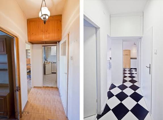 Korytarz po remoncie: białe ściany, czarno-biała podłoga w szachownicę. Po lewej korytarz przed remontem: brązowe płytki, drewniana szafka pod sufitem.