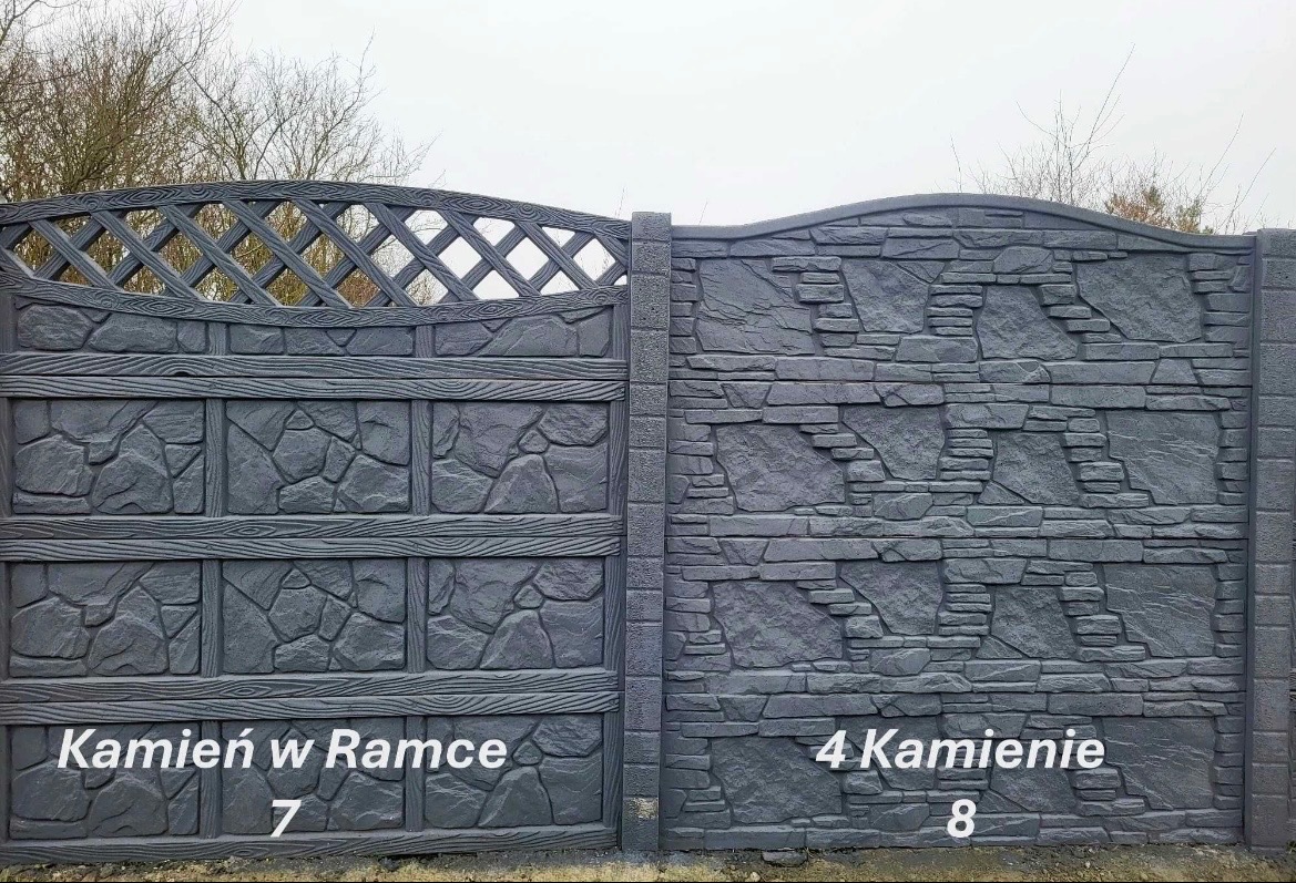 Szare, betonowe przęsła ogrodzeniowe o fakturze kamienia, z różnymi wzorami: kratka i imitacja drewna po lewej, ułożone kamienie po prawej. Widoczne napisy 'Kamień w Ramce' i '4 Kamienie'.