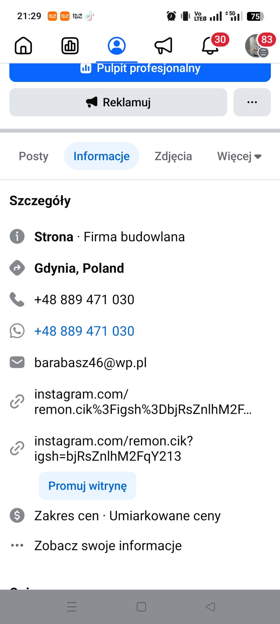 Ekran smartfona z widokiem profilu firmy budowlanej: dane kontaktowe, linki do Instagrama, informacja o umiarkowanych cenach. Gdynia, Polska.