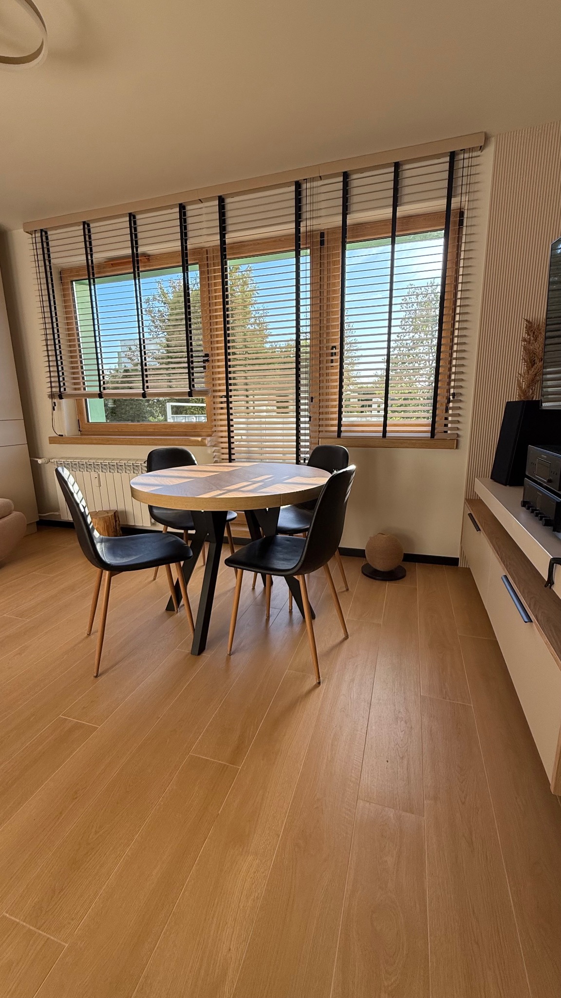 Jasne żaluzje drewniane z czarnymi taśmami w oknach salonu w Łodzi. Widoczne drzewa za oknem i okrągły stół z krzesłami.