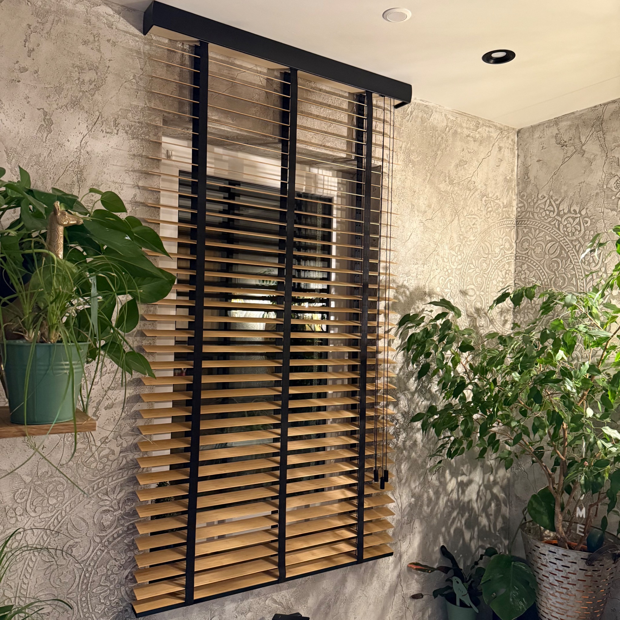 Beżowe żaluzje drewniane z czarnymi elementami, zamontowane w oknie. Dekoracyjna ściana w tle, rośliny doniczkowe po bokach. Ujęcie z bliska, wnętrze.