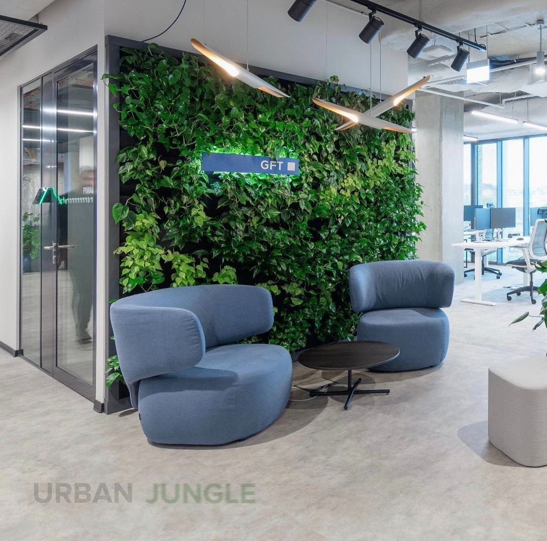 Nowoczesne biuro z zieloną ścianą, dwoma niebieskimi fotelami i stolikiem. Rośliny tworzą żywą dekorację w przestrzeni biurowej.