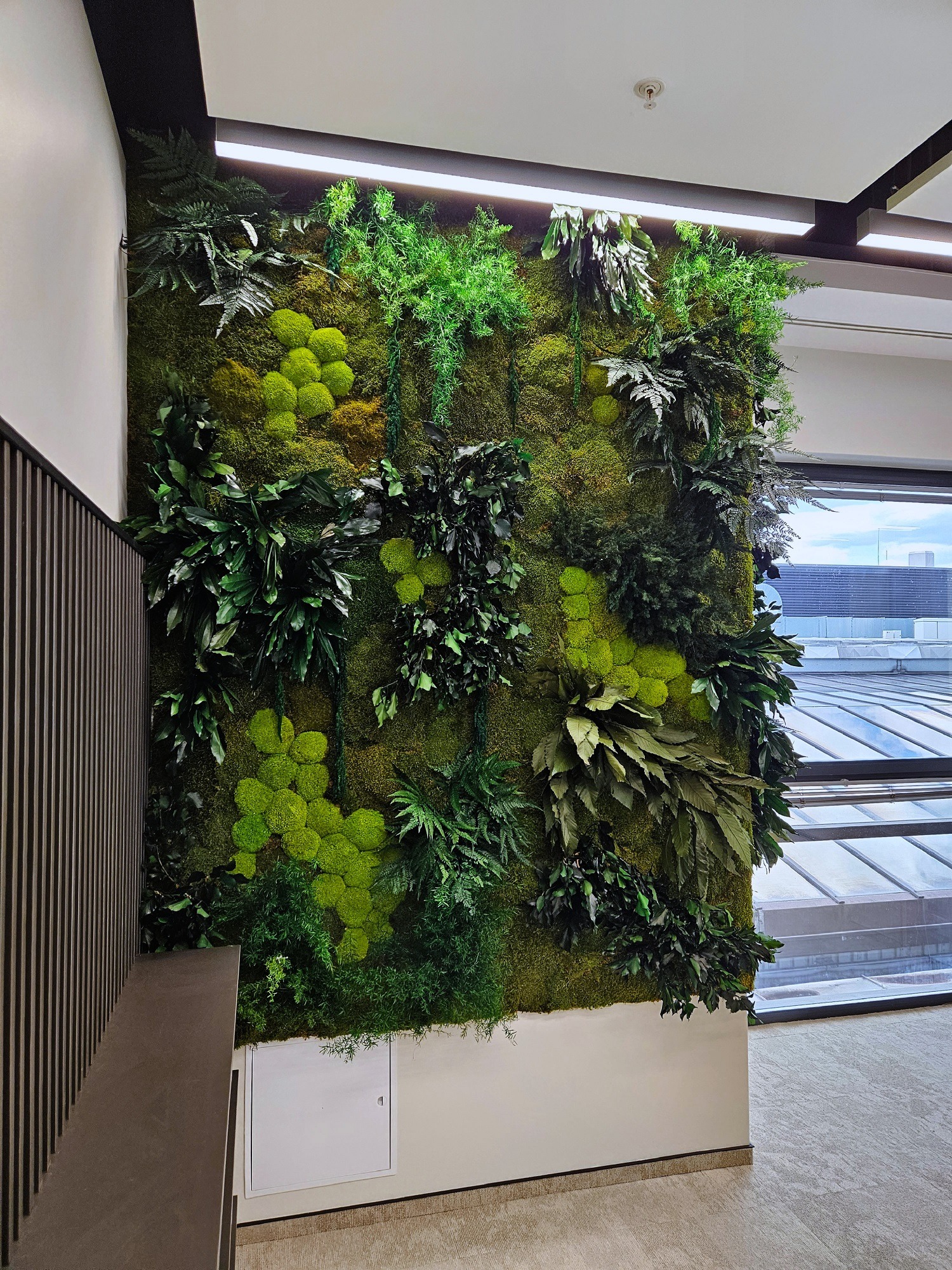 Wertykalny ogród z mchu i paproci w biurze, oświetlony lampami sufitowymi. Widok na miasto przez okno w tle. Dekoracja roślinna w nowoczesnym wnętrzu.
