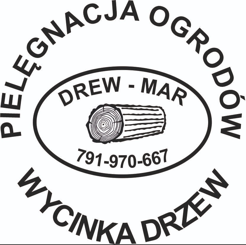 Grafika z nazwą firmy 'Drew-Mar', numerem telefonu i ilustracją przekroju pnia drzewa. Tekst okrąża centralny element: 'Pielęgnacja Ogrodów Wycinka Drzew'.