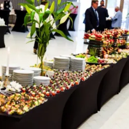 Elegancko zastawiony stół cateringowy z przekąskami, dekoracjami kwiatowymi i świecami, gotowy na przyjęcie. Widoczni goście w tle.