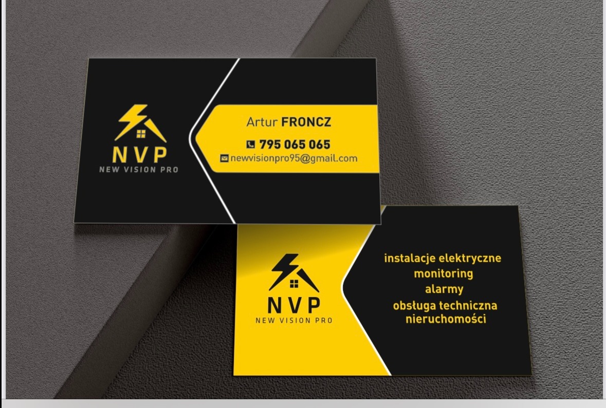 Wizytówka firmy New Vision Pro z ofertą: instalacje elektryczne, monitoring, alarmy, obsługa techniczna nieruchomości. Żółto-czarna kolorystyka, dane kontaktowe.