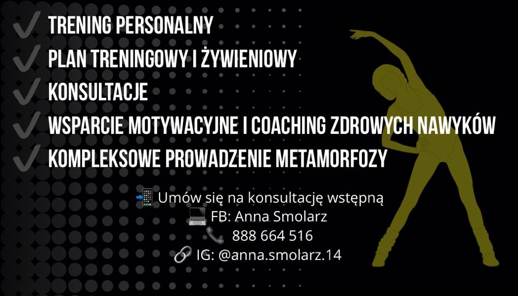 Grafika z ofertą treningu personalnego: plan, konsultacje, wsparcie, metamorfoza. Sylwetka osoby ćwiczącej, dane kontaktowe do trenera. Czarno-białe tło z zielonymi akcentami.