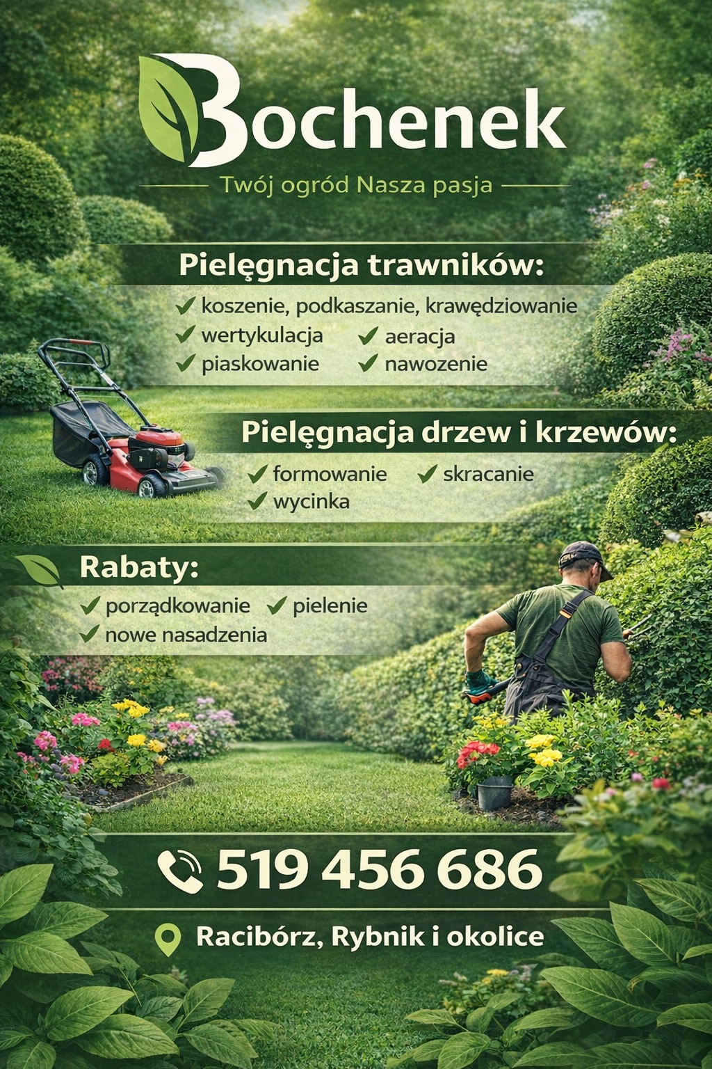 Grafika reklamowa firmy ogrodniczej: koszenie, formowanie krzewów, pielęgnacja rabat, numer telefonu i lokalizacja. Zadbany ogród w tle.