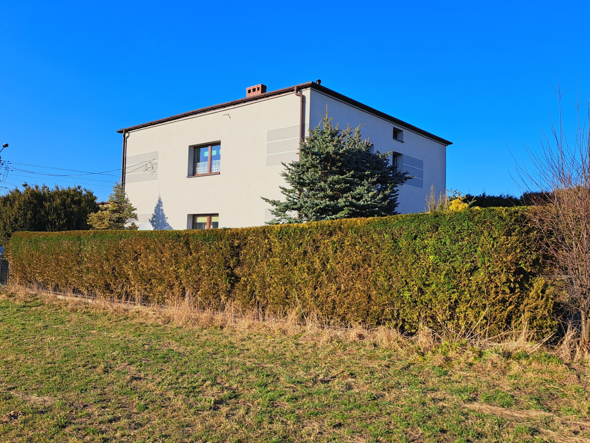 Dwupiętrowy dom z ogrodem, gdzie żywopłot jest równo przycięty, a trawnik wymaga koszenia. Na ścianie domu widoczny element dekoracyjny.