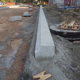 TELECOMSLOWI & REALESTETE Sp. z o.o. - Montaż krawężnika granitowego wzdłuż drogi na przygotowanym podłożu. W tle widoczny przystanek autobusowy i drzewa.