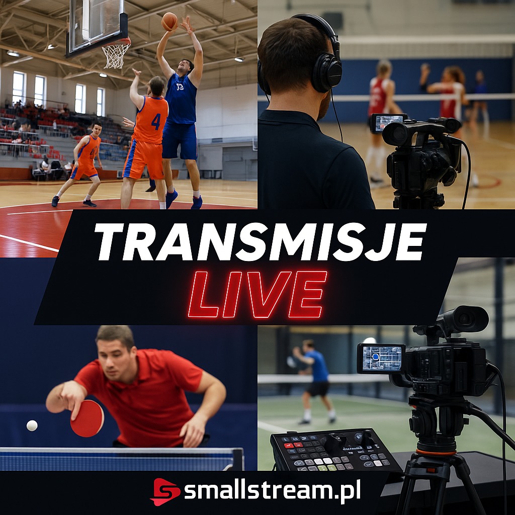 Montaż transmisji live z różnych dyscyplin sportowych: koszykówki, siatkówki i tenisa stołowego. Kamery i mikser wideo w akcji. Logo smallstream.pl.