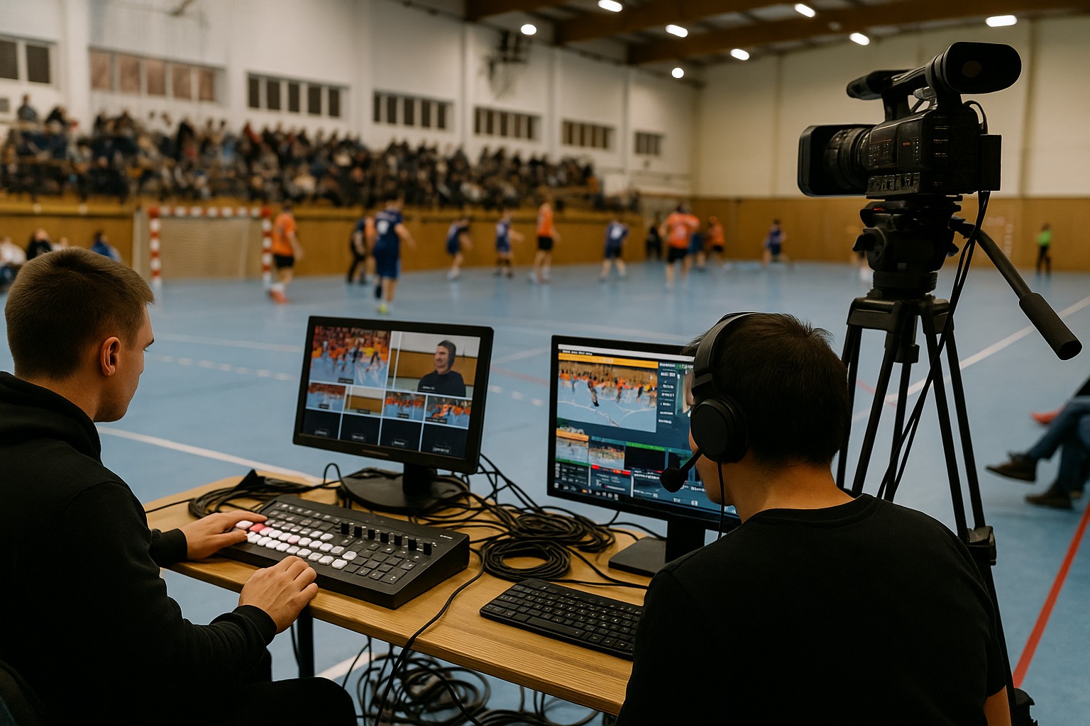Transmisja na żywo z hali sportowej: operatorzy, monitory z podglądem, kamera na statywie, widownia w tle. Profesjonalny sprzęt do realizacji transmisji sportowej.