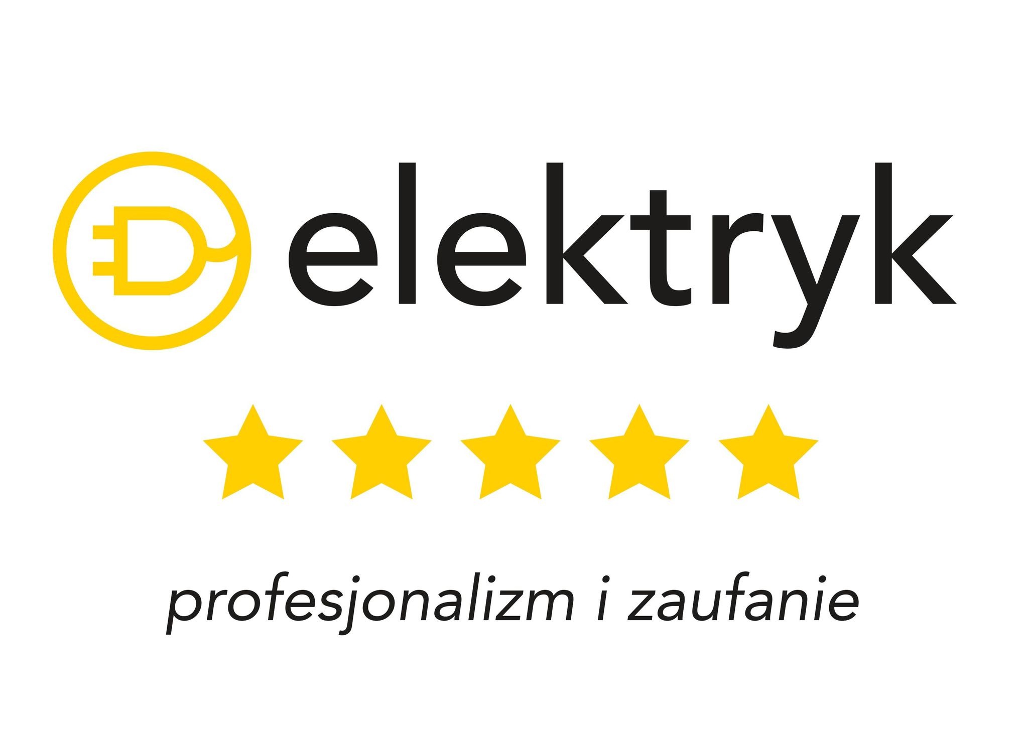 Logo firmy elektrycznej z żółtym symbolem wtyczki, napisem 'elektryk', pięcioma gwiazdkami i hasłem 'profesjonalizm i zaufanie'.