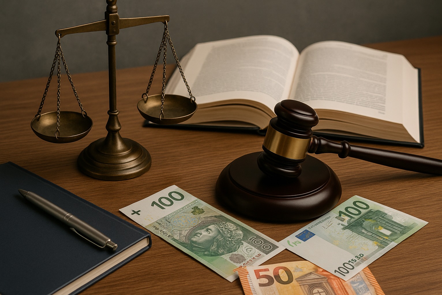 Waga sprawiedliwości, otwarty kodeks, drewniany młotek sędziowski, banknoty euro i złotówki oraz notatnik z długopisem na drewnianym biurku.