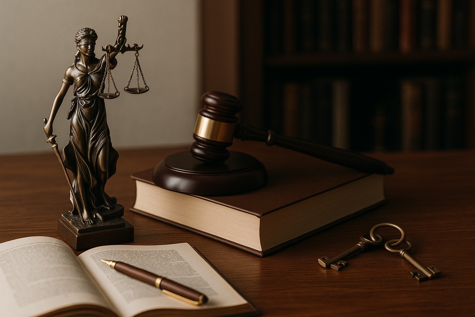 Temida, młotek sędziowski na kodeksie, otwarty notatnik z piórem i klucze na drewnianym biurku. W tle regał z książkami. Symbol kancelarii prawnej.