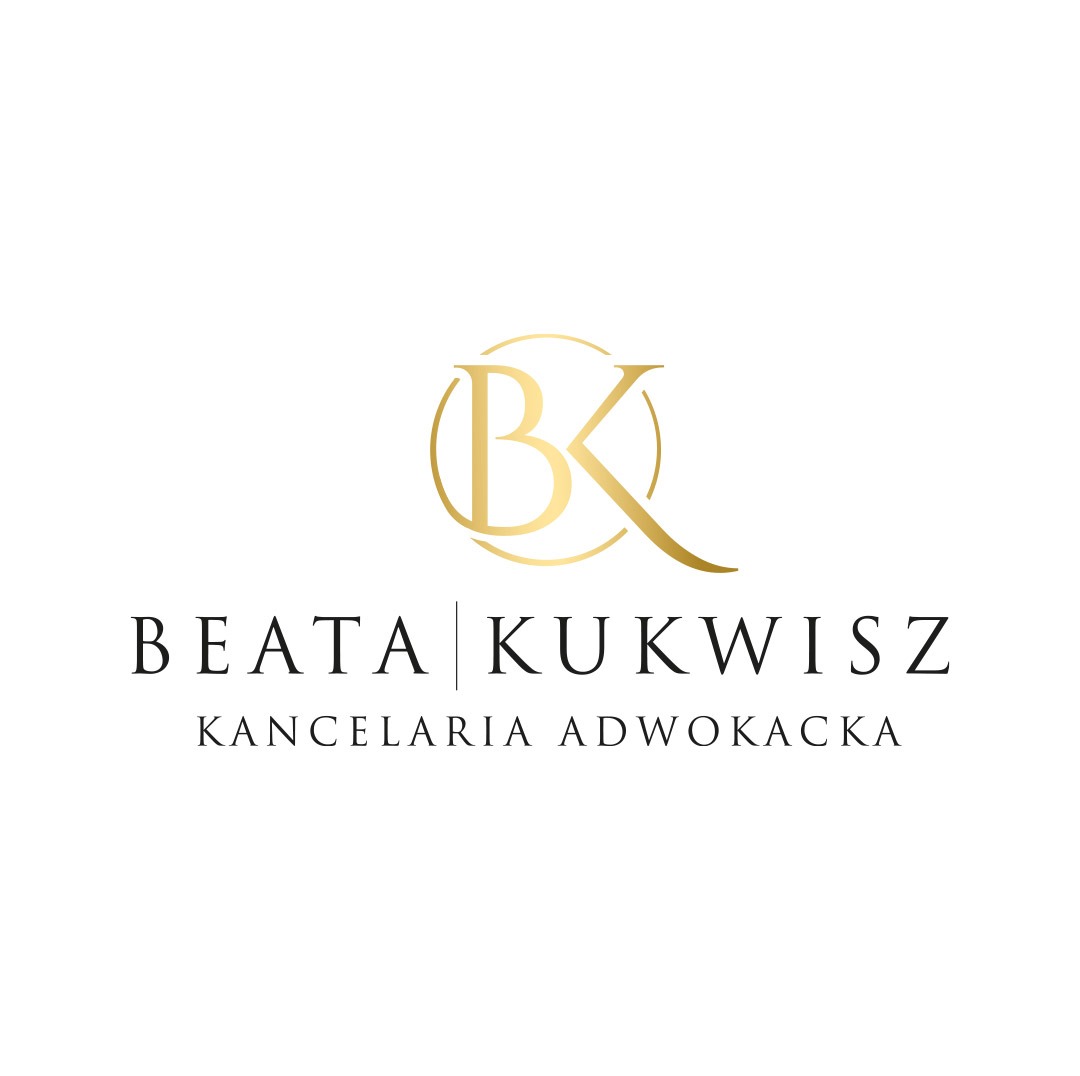 Eleganckie logo Kancelarii Adwokackiej Beata Kukwisz w kolorze złotym na białym tle. Minimalistyczny design z inicjałami BK w okręgu i nazwą kancelarii poniżej.