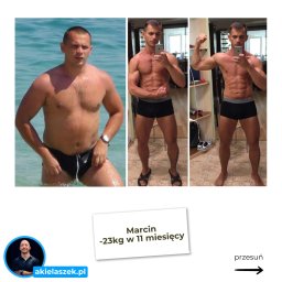 Kamil Akielaszek akielaszek.pl - Mężczyzna przed i po metamorfozie sylwetki. Widoczne efekty utraty wagi i zwiększenia masy mięśniowej. Zdjęcia prezentują progres klienta w czasie 11 miesięcy.
