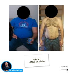 Kamil Akielaszek akielaszek.pl - Mężczyzna -23kg w 2 lata. Zdjęcie typu 'przed i po' prezentuje transformację sylwetki. Po lewej stronie w niebieskiej koszulce, po prawej bez koszulki, zarysowana muskulatura.