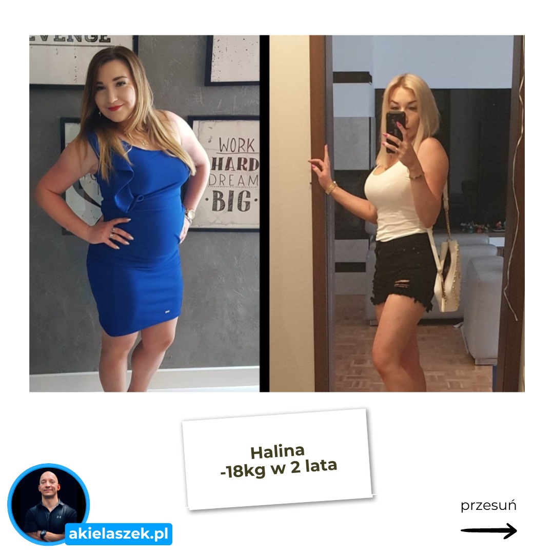 Metamorfoza Haliny z Wrocławia: zdjęcie 'przed' w niebieskiej sukience i 'po' w białym topie i czarnych spodenkach. Utrata 18kg w 2 lata. Efekt treningów.