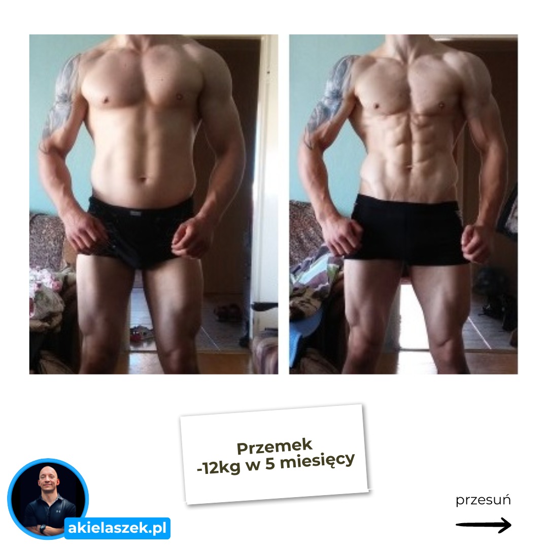 Męska sylwetka przed i po utracie wagi, widoczne wyraźne zmiany w muskulaturze brzucha i ramion. Efekt osiągnięty w 5 miesięcy, o czym informuje dodatkowa informacja graficzna.