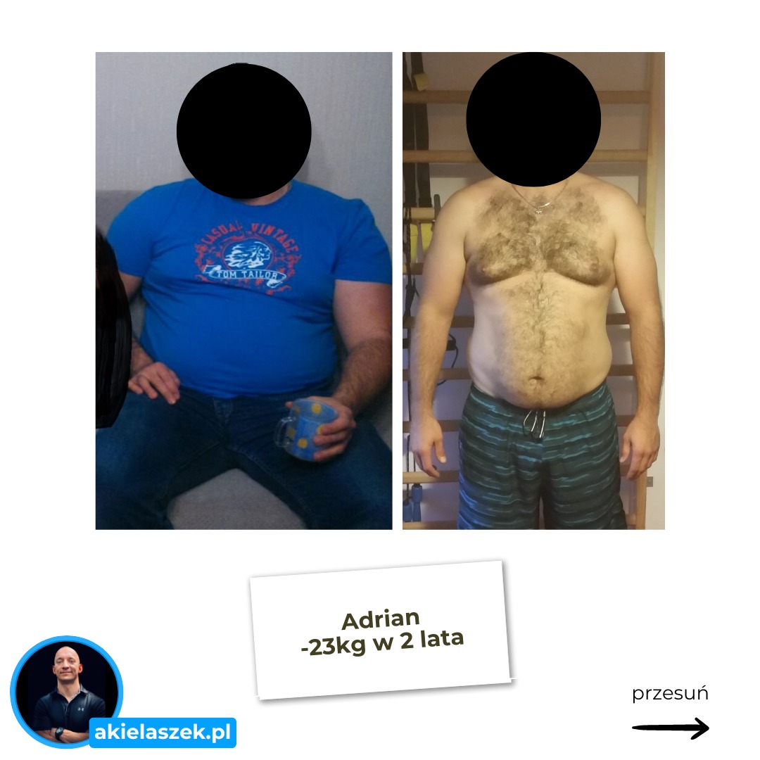 Mężczyzna -23kg w 2 lata. Zdjęcie typu 'przed i po' prezentuje transformację sylwetki. Po lewej stronie w niebieskiej koszulce, po prawej bez koszulki, zarysowana muskulatura.